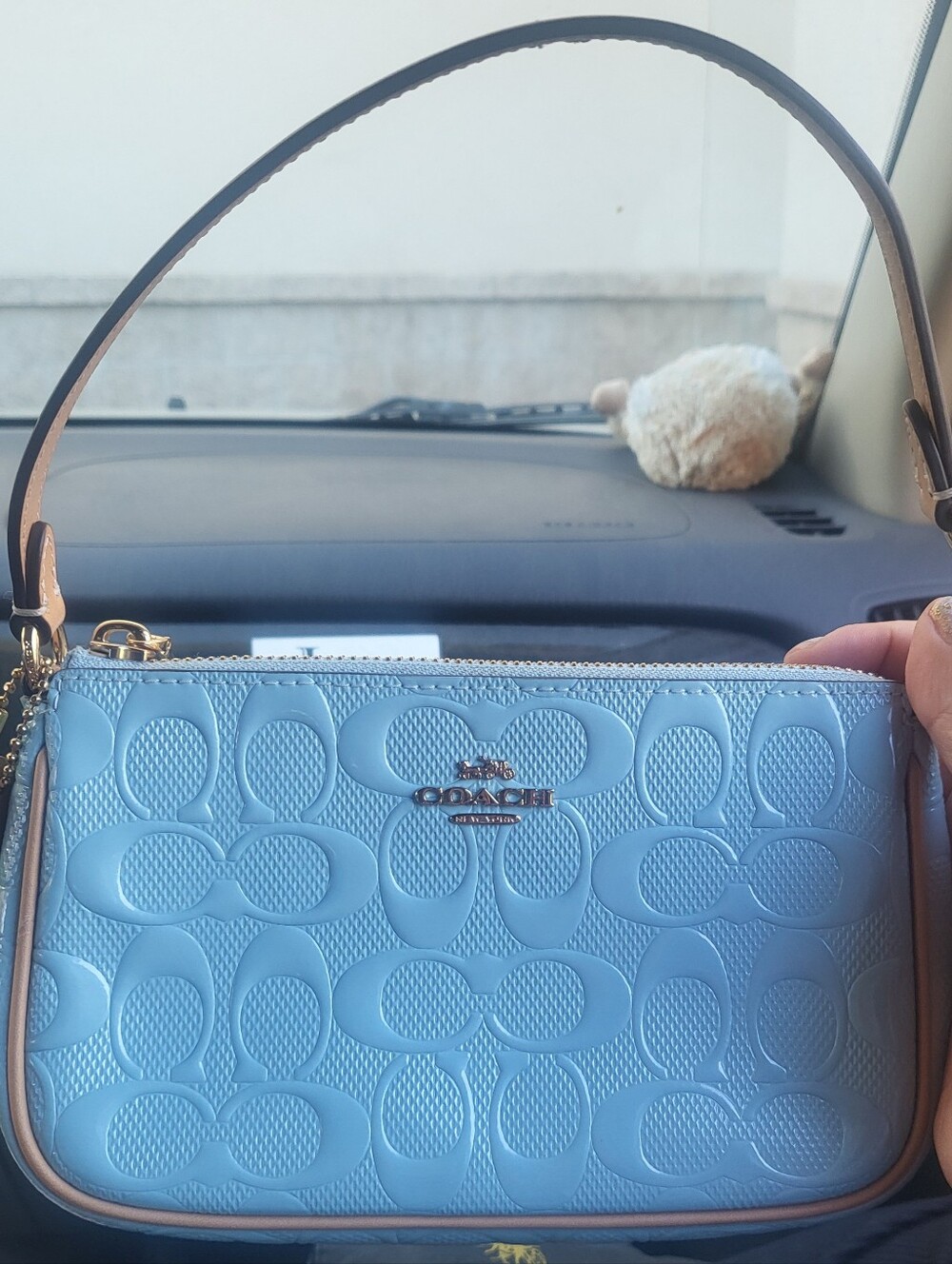 Coach Light Blue Embossed Signature Shoulder Bag with Tan Trim Nolita 19
